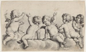Trois chérubins et deux garçons sur des nuages - Wenceslaus Hollar, after Peeter van Avont