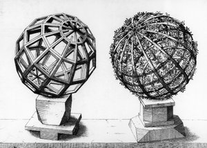 Illustration de perspective, deux sphères, gravure du Perspectiva Corporum Regularium, par Wentzel Jamnitzer (1508-1585), Nuremberg