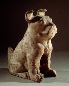 Art chinois : molosse en terre cuite. Statuette funéraire de la période Han (206 av. J.-C.-220 apr. J.-C.). Paris, Musée Cernuschi