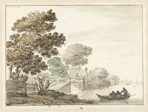 Paysage avec un pont en bois et des arbres le long d