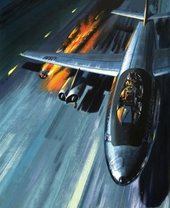 Cauchemar dans un bombardier en flammes, illustration tirée de "Men and Machines" (Hommes et machines) - Wilf (20th century) Hardy