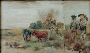 Double image : Vaches au pâturage, deux paysans en conversation - Wilhelm Busch