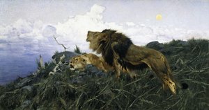 Lions au crépuscule - Wilhelm Kuhnert