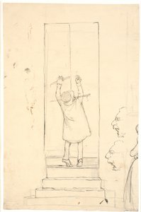 Un petit homme se tient sur la pointe des pieds pour ouvrir une porte avec un loquet. Croquis de profils et femme - Wilhelm Marstrand