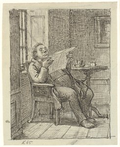 Un homme corpulent lisant le journal avec son café