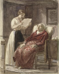 Une jeune fille lit une lettre à haute voix pour un vieil homme en robe rouge - Wilhelm Marstrand