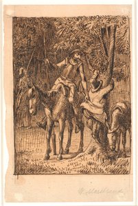 Avant le combat avec le chevalier au miroir, Don Quichotte aide Sancho Panza à monter dans un arbre - Wilhelm Marstrand