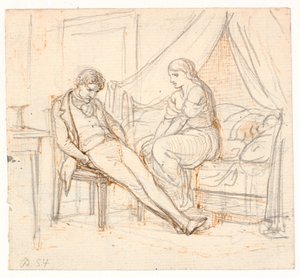 Intérieur avec jeune homme mélancolique et une fille sur un lit