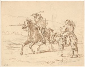 Tandis que Sancho regarde, Don Quichotte attaque