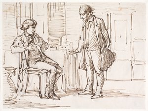 Conversation entre un jeune homme assis et un homme plus âgé debout