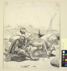 Fille endormie et vieux pêcheur sur la plage