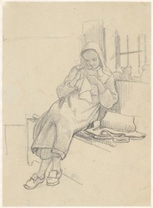 Jeune fille suédoise avec couture, assise sur un banc de fenêtre
