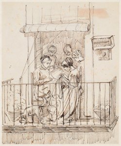 Femmes cousant sur un balcon