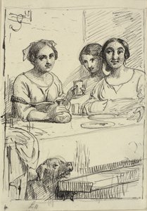 Trois filles à une table, un chien sous la table - Wilhelm Marstrand