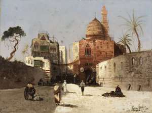 Scène de rue orientale avec mosquée, minaret et marchands sur une place.