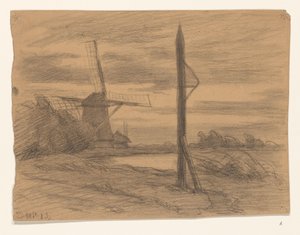 Paysage avec poteau et moulin à vent
