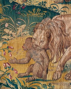 Un lion dévorant un singe (tapisserie) - Willem (after) Tons