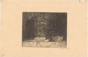Nature morte avec pot de gingembre, verre à vin et bol