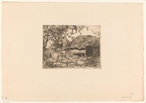 Granges couvertes de roseaux, avec un cochon dans le foin