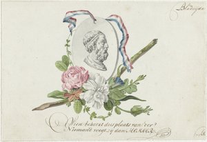 Vignette avec fleurs, médaillon de portrait et ruban - Willem Bilderdijk