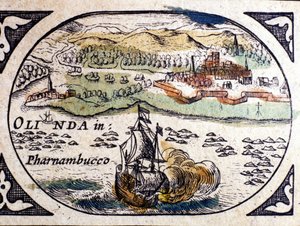 Brésil, vue de Pernambuc (Recife), Atlas de W. G. Blaeu, Amsterdam 1600.
