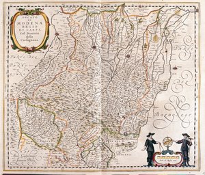 Modène, Reggio Emilia, Carpi, partie terminale de la Garfagnana, Italie, dans "Theatrum Orbis Terrarum, sive Atlas Novus" de Willem Blaeu, Amsterdam.