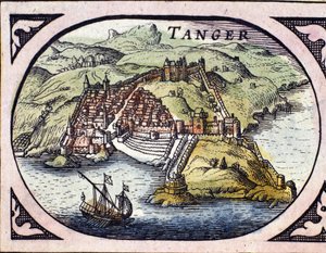 Vue de la ville fortifiée de Tanger et de la côte, Maroc. Carte de l