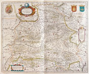 Saragosse, Valence, Alicante, Carthagène, Madrid, Cordoue, Séville, Salamanque, Palencia, Ségovie, Tolède, Cuenca, Grenade, dans le "Theatrum Orbis Terrarum, sive Atlas Novus" de Willem Blaeu, Amsterdam. - Willem Blaeu