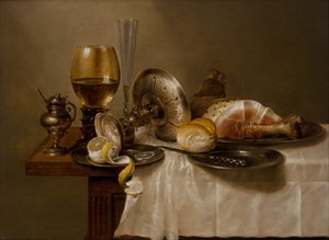 Nature morte avec un Roemer, une Tazza en argent renversée, une flûte, un petit pain et du jambon sur une table - Willem Claesz. Heda