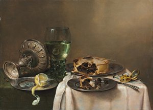 Nature morte avec un roemer, une tazza en argent renversée, un citron à moitié pelé sur une assiette en étain, avec une tarte, une horloge et un couteau, 1631