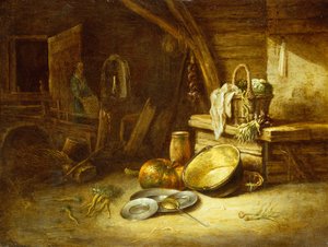 Une cuisine avec des légumes dans un panier en osier, des assiettes en étain et une citrouille