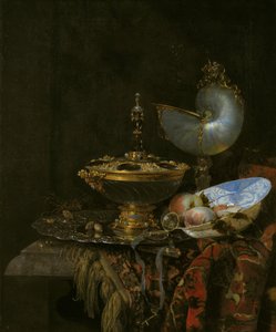 Nature morte avec bol Holbein, coupe Nautilus, gobelet en verre et plat de fruits - Willem Kalf