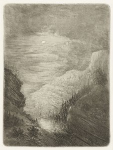 Paysage montagneux avec rivière au clair de lune