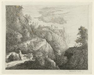 Paysage montagneux avec figures reposant au bord de la route