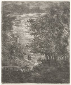 Paysage vallonné avec ruine et bateau sur l