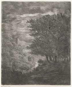 Paysage vallonné avec ruine et bateau sur l