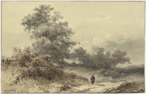 Paysage avec bosquet et une figure sur un chemin de campagne - Willem Roelofs (I)