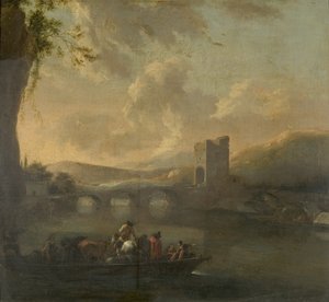 Un ferry traversant une rivière, vers 1640