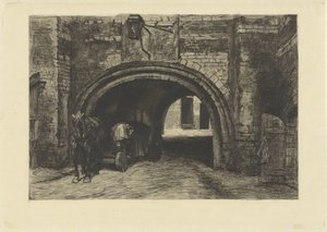Véhicule avec cheval sous une vieille porte