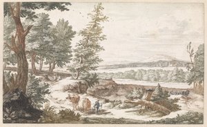 Paysage avec des ânes sur un chemin