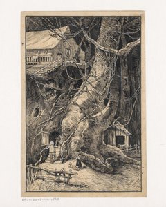 Maison miniature contre un arbre