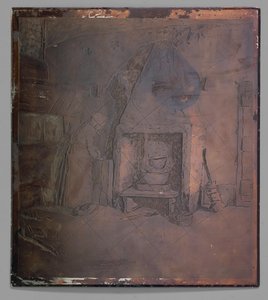 Intérieur avec une femme près de la cheminée