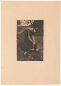 Paysanne lavant du linge dans un seau