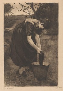 Fermière lavant du linge dans un seau