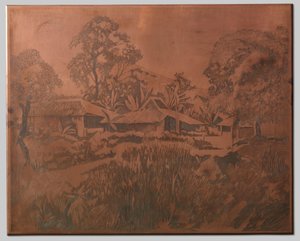 Buitenzorg, maisons de kampong, Salak et Cedeh à droite en arrière-plan