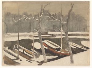 Bateaux amarrés sur un canal enneigé - Willem Arnoldus Witsen