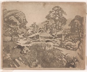 Maisons à Bogor devant les volcans Salak et Gede