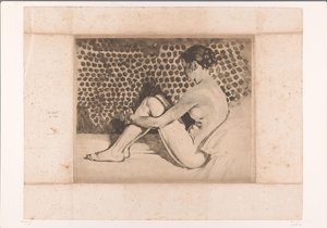 Nu, assis sur un divan avec les genoux repliés