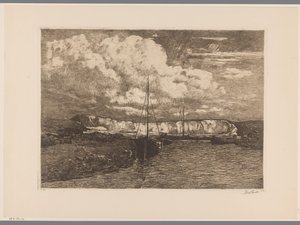 Paysage de dunes avec extraction de sable et bateaux