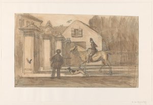La barrière sur le chemin de Scheveningen à La Haye ; un cavalier avec un chien passant - Willem van Konijnenburg